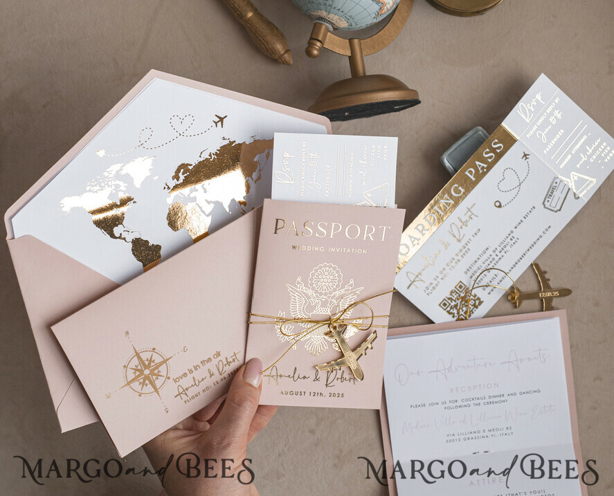 WEDDING INVITATIONS passport to love/ beach wedding invites Gold Bluh pink Passport Wedding Invitation, Golden Wedding Cards Boarding Pass, Travel Passport Wedding Invitations Abroad, Destination Wedding Invites, Travel Map Wedding Stationary