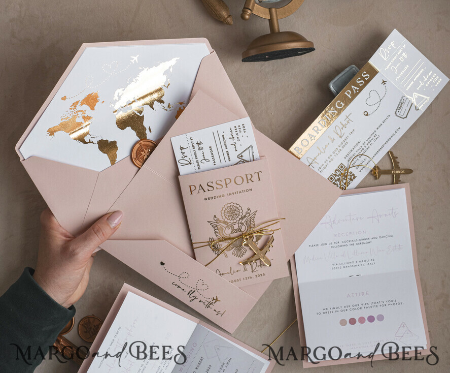 WEDDING INVITATIONS passport to love/ beach wedding invites Gold Bluh pink Passport Wedding Invitation, Golden Wedding Cards Boarding Pass, Travel Passport Wedding Invitations Abroad, Destination Wedding Invites, Travel Map Wedding Stationary