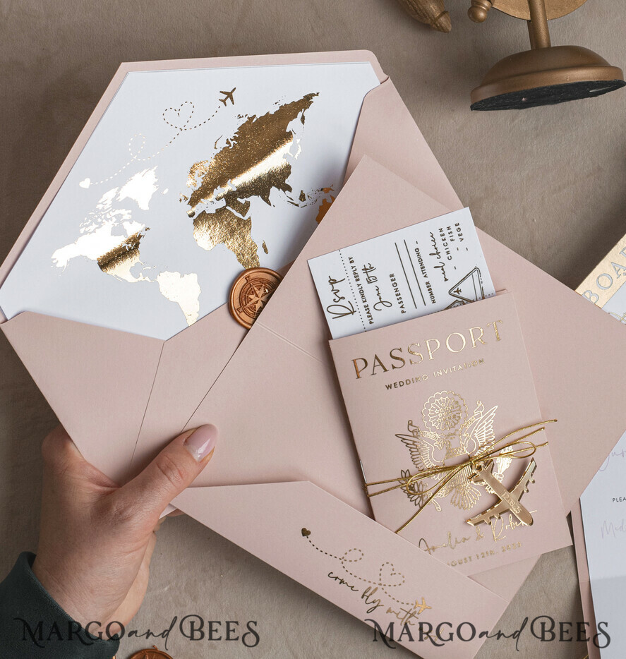 WEDDING INVITATIONS passport to love/ beach wedding invites Gold Bluh pink Passport Wedding Invitation, Golden Wedding Cards Boarding Pass, Travel Passport Wedding Invitations Abroad, Destination Wedding Invites, Travel Map Wedding Stationary