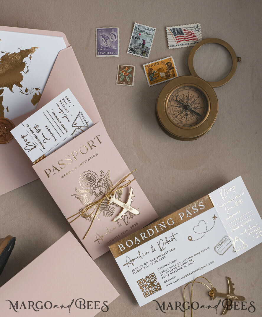 WEDDING INVITATIONS passport to love/ beach wedding invites Gold Bluh pink Passport Wedding Invitation, Golden Wedding Cards Boarding Pass, Travel Passport Wedding Invitations Abroad, Destination Wedding Invites, Travel Map Wedding Stationary