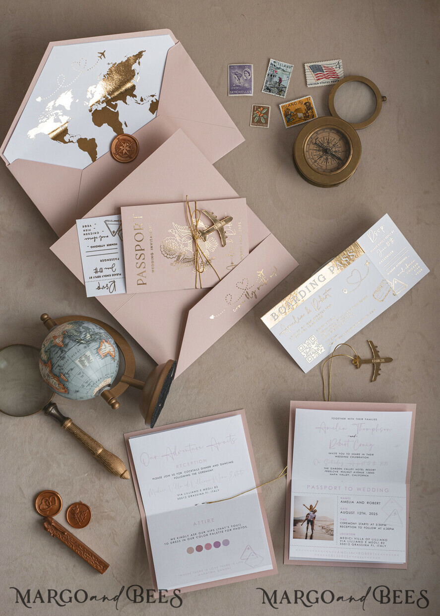 WEDDING INVITATIONS passport to love/ beach wedding invites Gold Bluh pink Passport Wedding Invitation, Golden Wedding Cards Boarding Pass, Travel Passport Wedding Invitations Abroad, Destination Wedding Invites, Travel Map Wedding Stationary