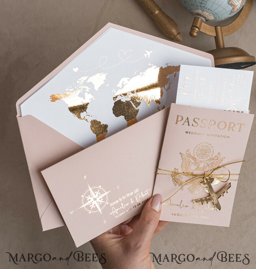 WEDDING INVITATIONS passport to love/ beach wedding invites Gold Bluh pink Passport Wedding Invitation, Golden Wedding Cards Boarding Pass, Travel Passport Wedding Invitations Abroad, Destination Wedding Invites, Travel Map Wedding Stationary