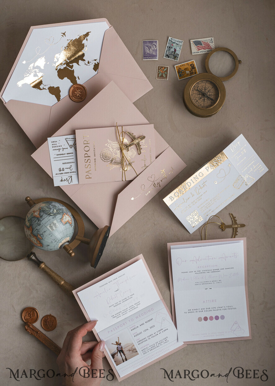WEDDING INVITATIONS passport to love/ beach wedding invites Gold Bluh pink Passport Wedding Invitation, Golden Wedding Cards Boarding Pass, Travel Passport Wedding Invitations Abroad, Destination Wedding Invites, Travel Map Wedding Stationary