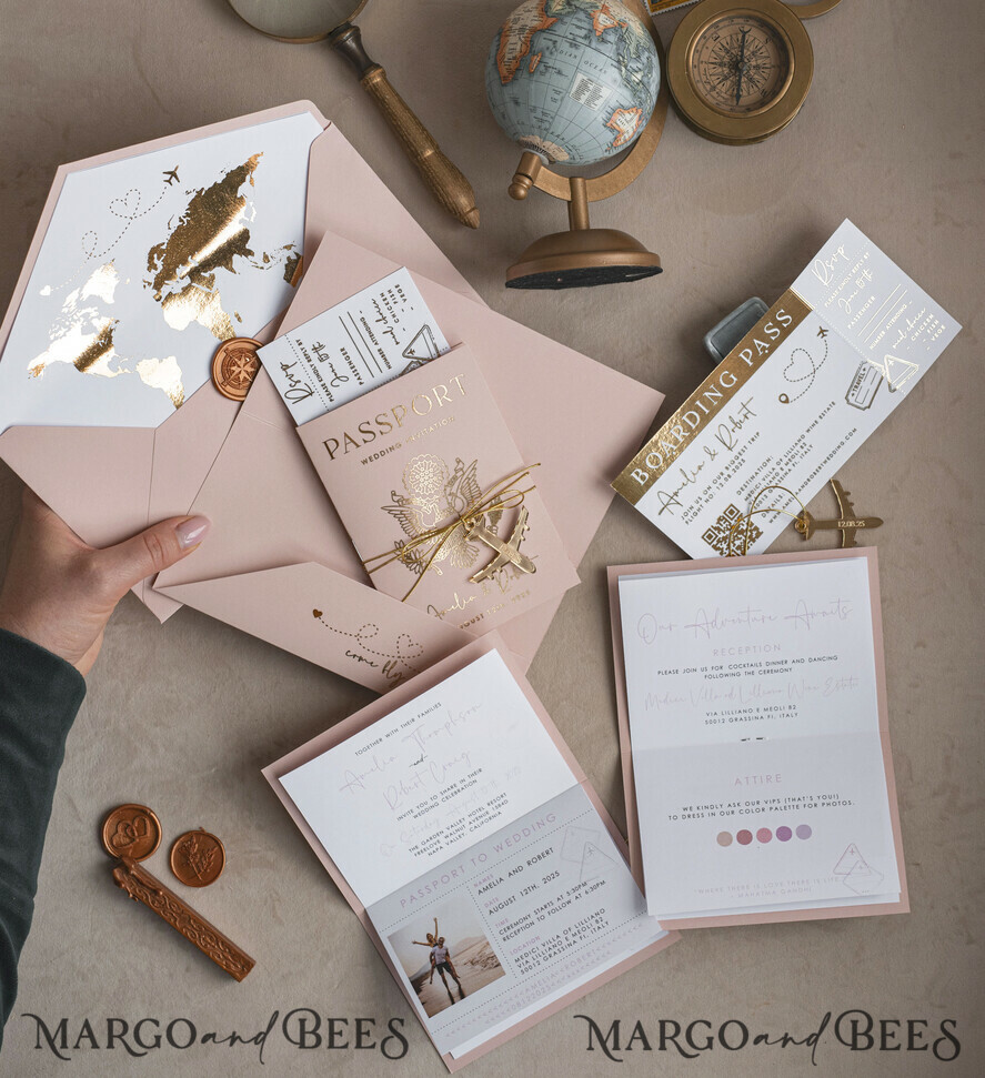 WEDDING INVITATIONS passport to love/ beach wedding invites Gold Bluh pink Passport Wedding Invitation, Golden Wedding Cards Boarding Pass, Travel Passport Wedding Invitations Abroad, Destination Wedding Invites, Travel Map Wedding Stationary