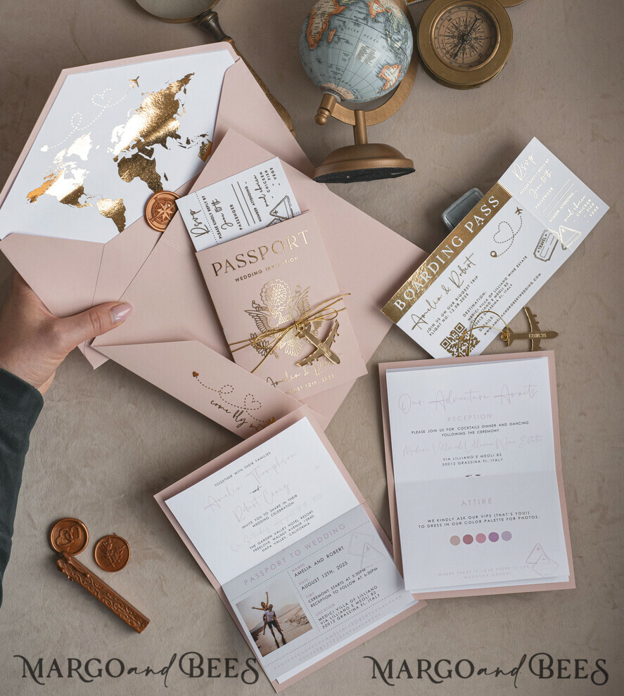 WEDDING INVITATIONS passport to love/ beach wedding invites Gold Bluh pink Passport Wedding Invitation, Golden Wedding Cards Boarding Pass, Travel Passport Wedding Invitations Abroad, Destination Wedding Invites, Travel Map Wedding Stationary