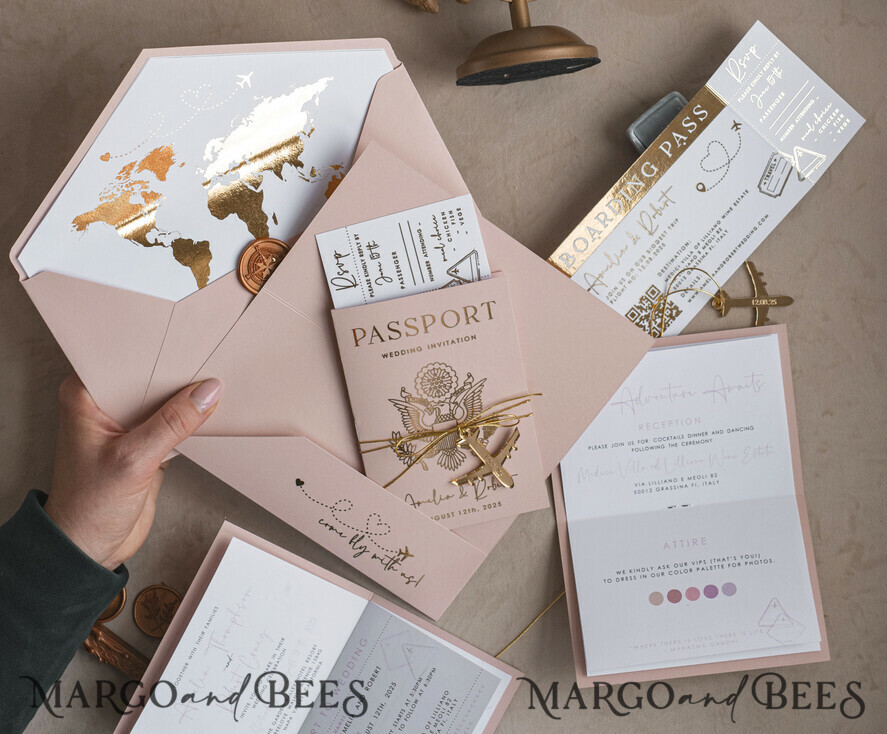 WEDDING INVITATIONS passport to love/ beach wedding invites Gold Bluh pink Passport Wedding Invitation, Golden Wedding Cards Boarding Pass, Travel Passport Wedding Invitations Abroad, Destination Wedding Invites, Travel Map Wedding Stationary