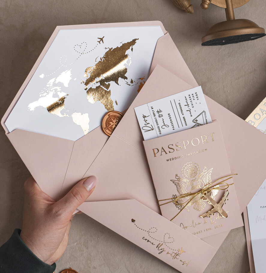 WEDDING INVITATIONS passport to love/ beach wedding invites Gold Bluh pink Passport Wedding Invitation, Golden Wedding Cards Boarding Pass, Travel Passport Wedding Invitations Abroad, Destination Wedding Invites, Travel Map Wedding Stationary