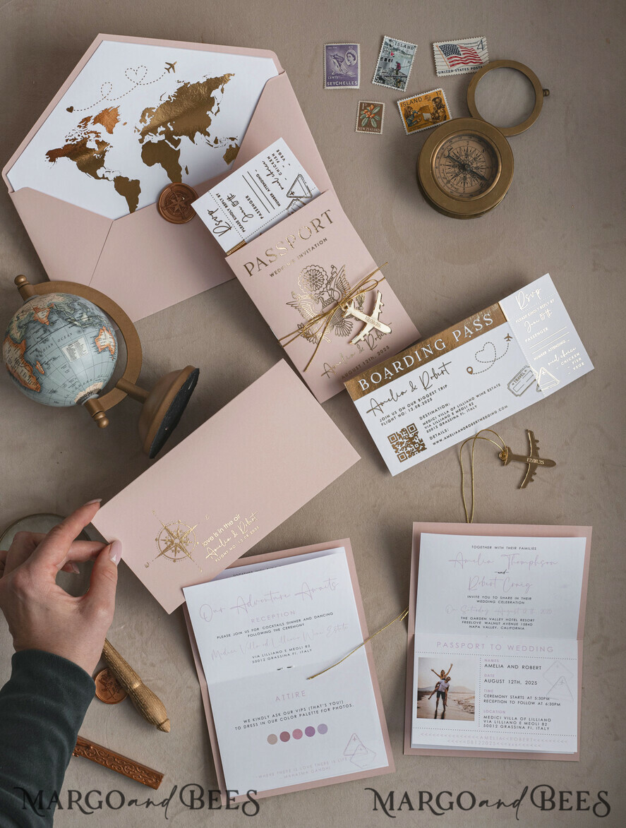 WEDDING INVITATIONS passport to love/ beach wedding invites Gold Bluh pink Passport Wedding Invitation, Golden Wedding Cards Boarding Pass, Travel Passport Wedding Invitations Abroad, Destination Wedding Invites, Travel Map Wedding Stationary