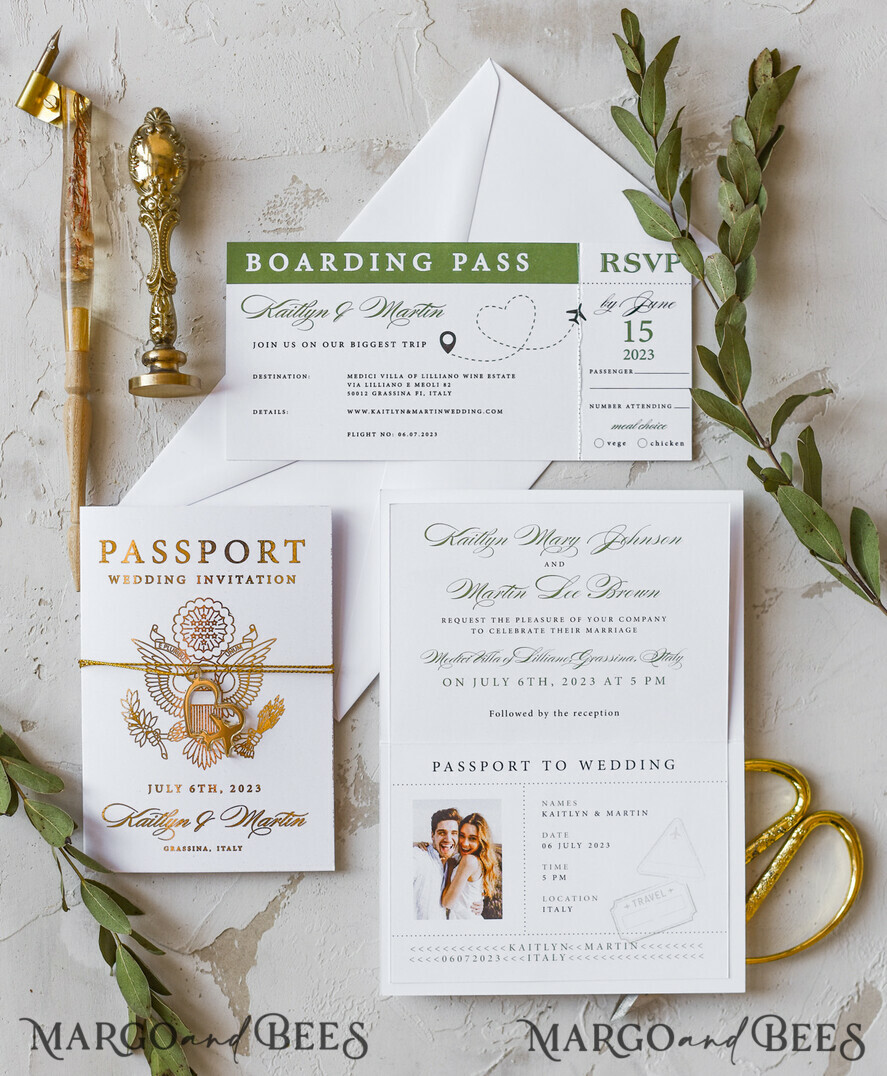WEDDING INVITATIONS passport to love/ beach wedding invites White Gold Passport Wedding Invitation, Golden Plane Wedding Cards Boarding Pass, Olive green Travel Passport Wedding Invitations Abroad, Destination Wedding Invites