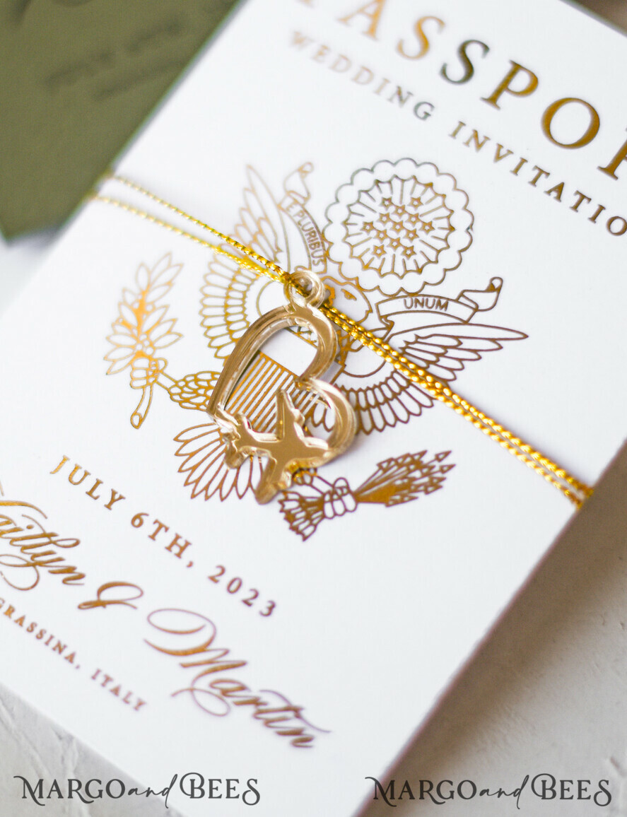 WEDDING INVITATIONS passport to love/ beach wedding invites White Gold Passport Wedding Invitation, Golden Plane Wedding Cards Boarding Pass, Olive green Travel Passport Wedding Invitations Abroad, Destination Wedding Invites