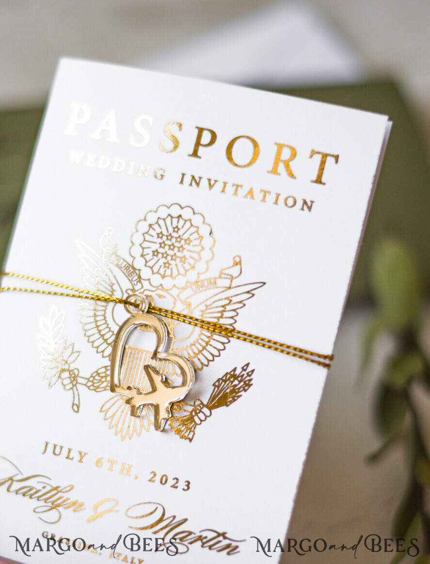 WEDDING INVITATIONS passport to love/ beach wedding invites White Gold Passport Wedding Invitation, Golden Plane Wedding Cards Boarding Pass, Olive green Travel Passport Wedding Invitations Abroad, Destination Wedding Invites