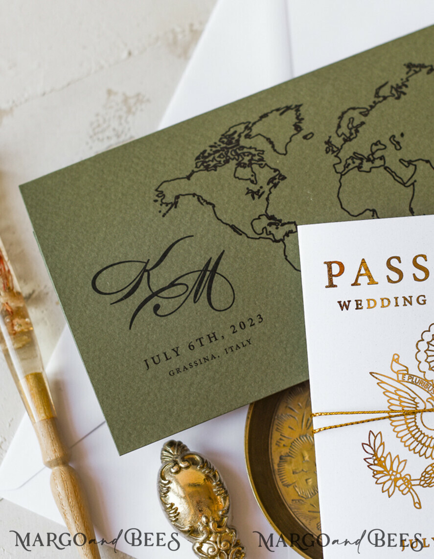 WEDDING INVITATIONS passport to love/ beach wedding invites White Gold Passport Wedding Invitation, Golden Plane Wedding Cards Boarding Pass, Olive green Travel Passport Wedding Invitations Abroad, Destination Wedding Invites