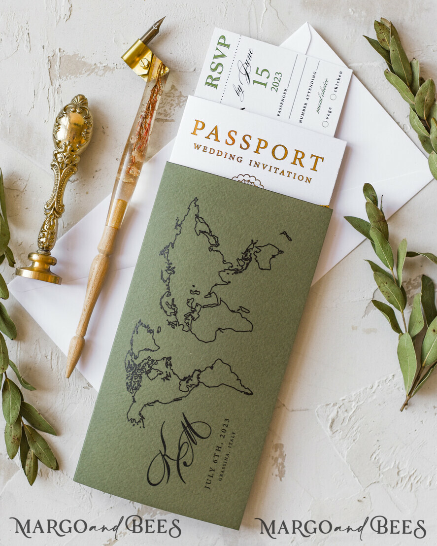 WEDDING INVITATIONS passport to love/ beach wedding invites White Gold Passport Wedding Invitation, Golden Plane Wedding Cards Boarding Pass, Olive green Travel Passport Wedding Invitations Abroad, Destination Wedding Invites