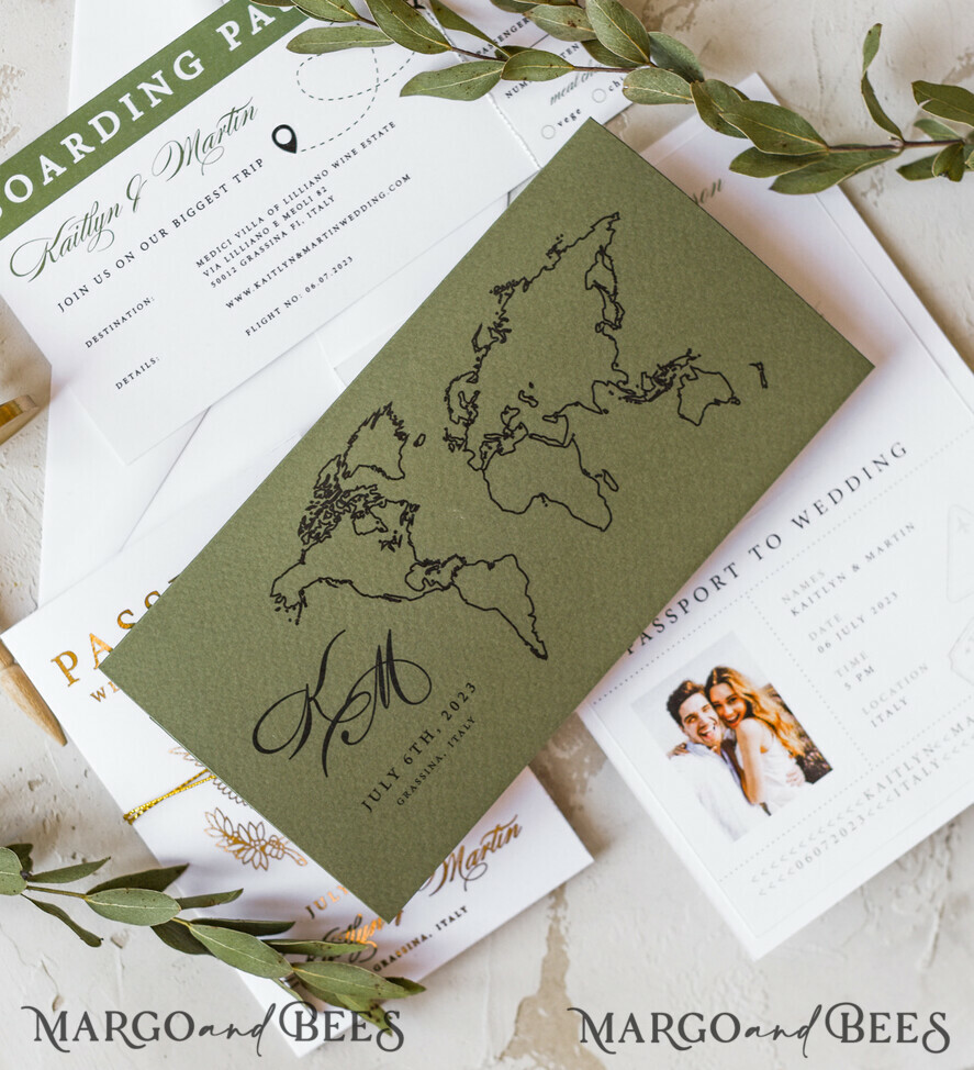 WEDDING INVITATIONS passport to love/ beach wedding invites White Gold Passport Wedding Invitation, Golden Plane Wedding Cards Boarding Pass, Olive green Travel Passport Wedding Invitations Abroad, Destination Wedding Invites