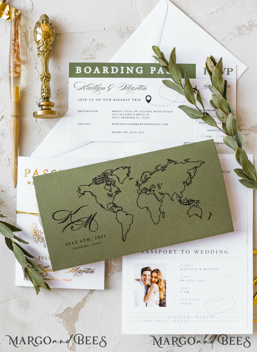 WEDDING INVITATIONS passport to love/ beach wedding invites White Gold Passport Wedding Invitation, Golden Plane Wedding Cards Boarding Pass, Olive green Travel Passport Wedding Invitations Abroad, Destination Wedding Invites
