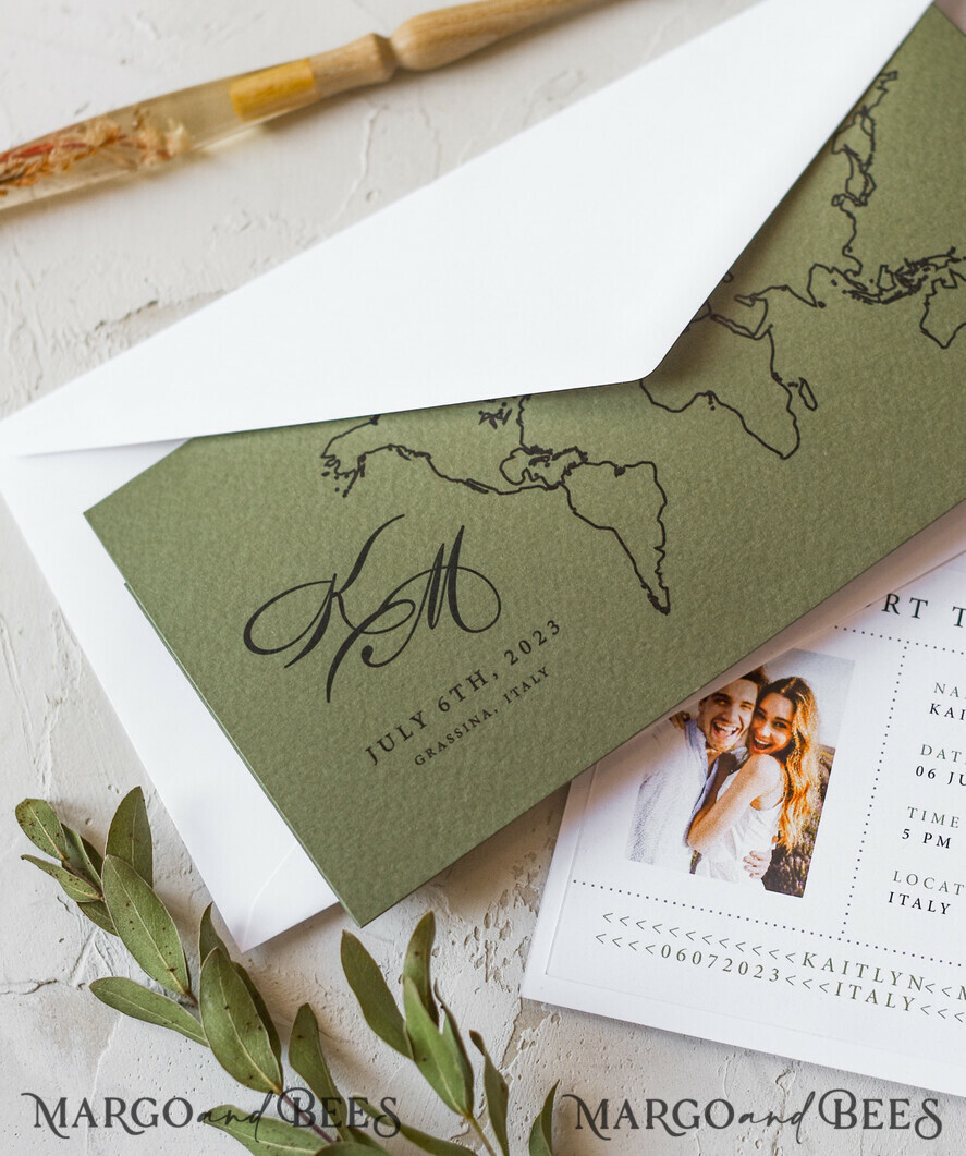 WEDDING INVITATIONS passport to love/ beach wedding invites White Gold Passport Wedding Invitation, Golden Plane Wedding Cards Boarding Pass, Olive green Travel Passport Wedding Invitations Abroad, Destination Wedding Invites