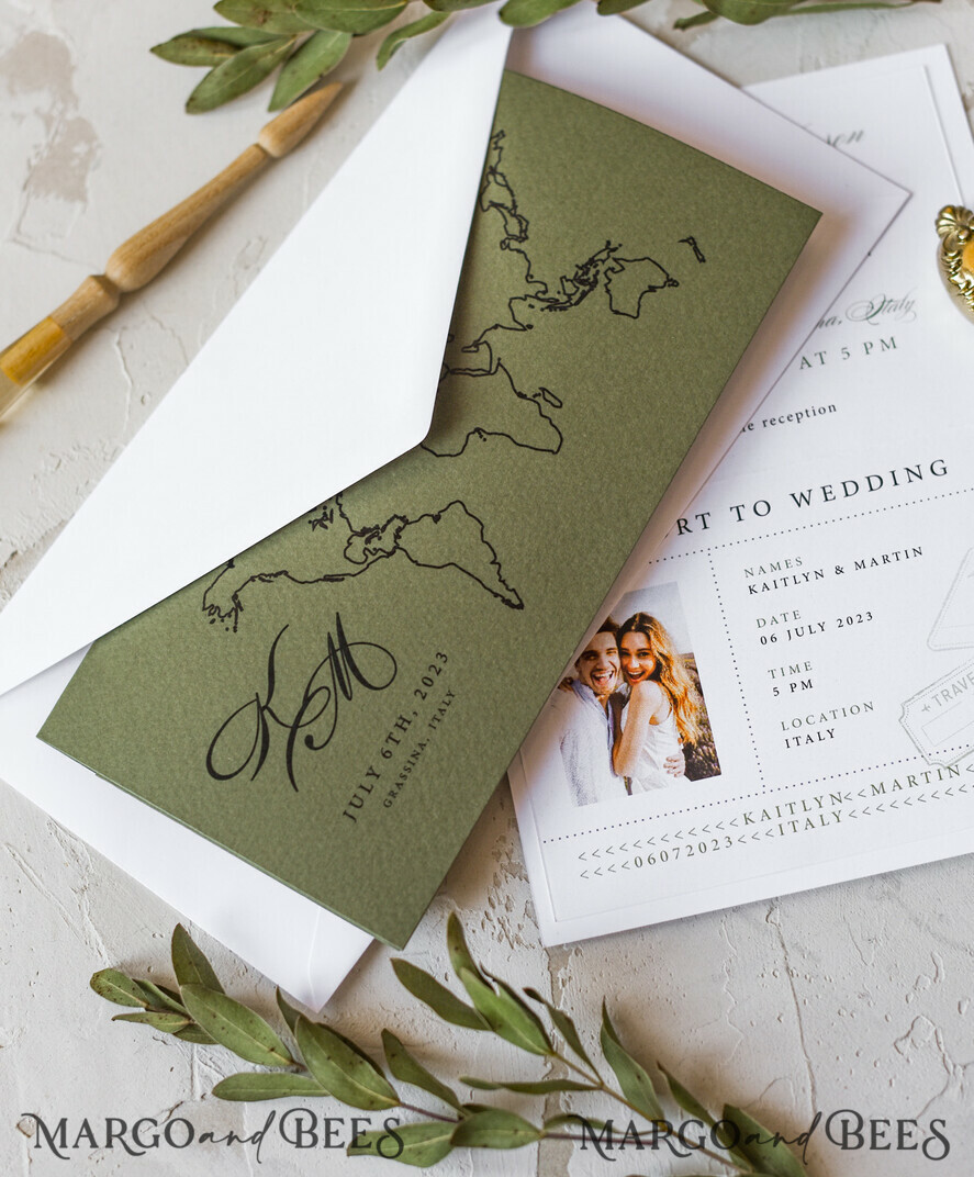 WEDDING INVITATIONS passport to love/ beach wedding invites White Gold Passport Wedding Invitation, Golden Plane Wedding Cards Boarding Pass, Olive green Travel Passport Wedding Invitations Abroad, Destination Wedding Invites