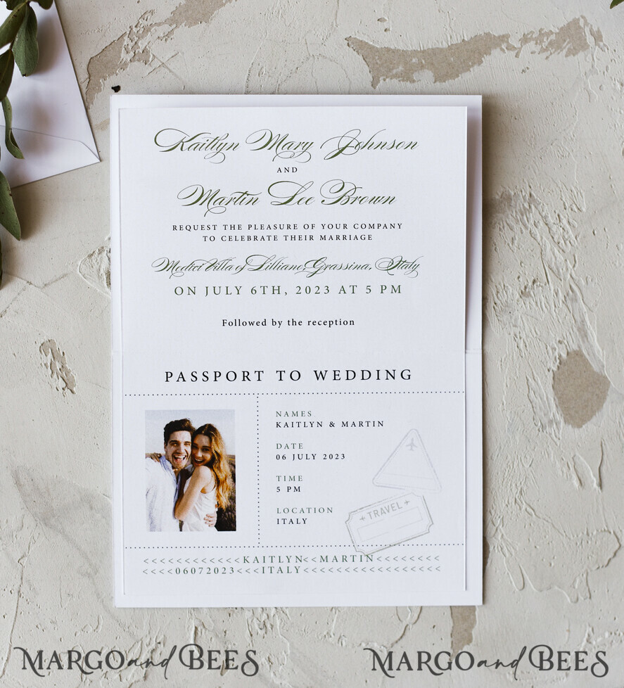 WEDDING INVITATIONS passport to love/ beach wedding invites White Gold Passport Wedding Invitation, Golden Plane Wedding Cards Boarding Pass, Olive green Travel Passport Wedding Invitations Abroad, Destination Wedding Invites