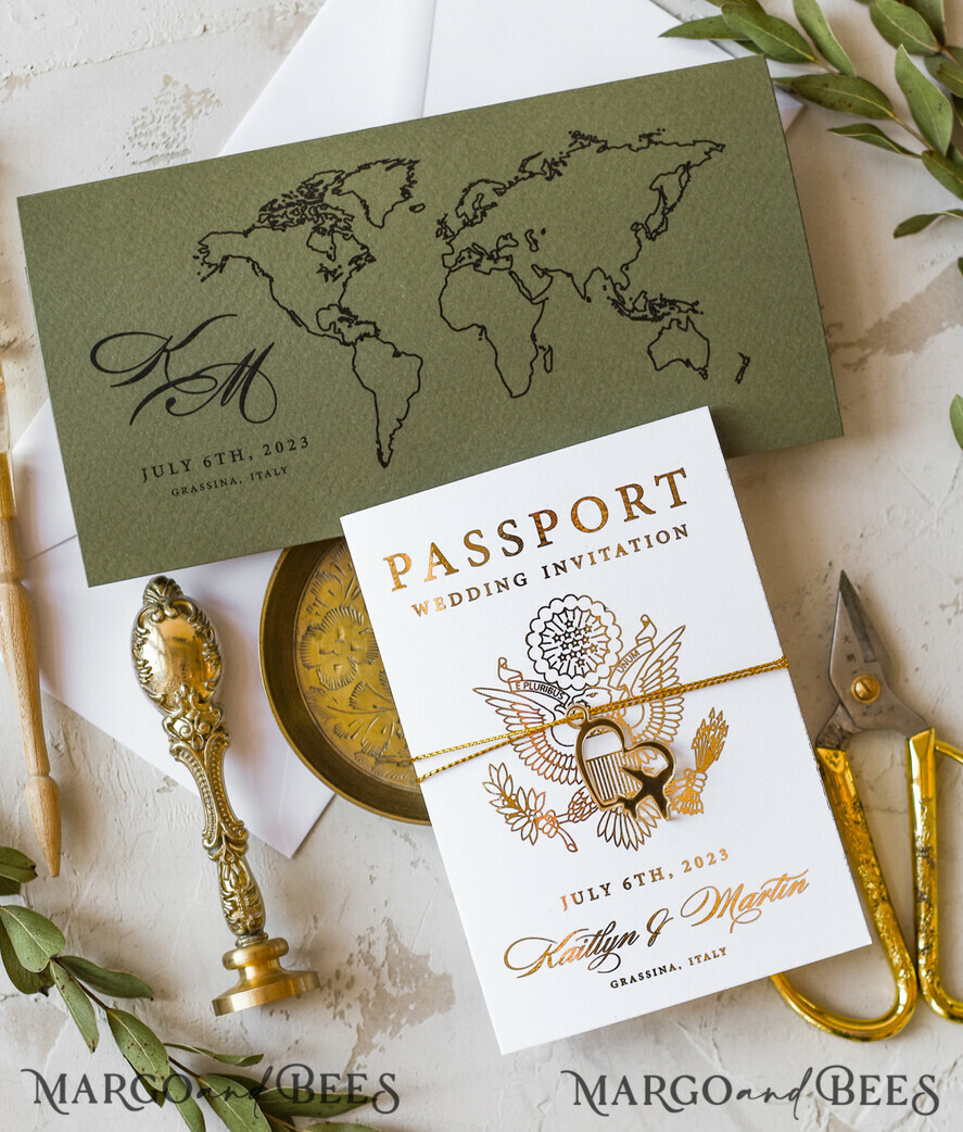 WEDDING INVITATIONS passport to love/ beach wedding invites White Gold Passport Wedding Invitation, Golden Plane Wedding Cards Boarding Pass, Olive green Travel Passport Wedding Invitations Abroad, Destination Wedding Invites