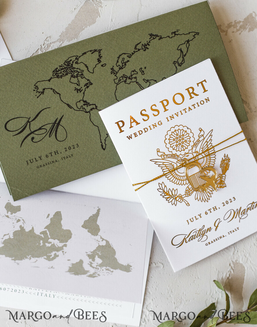 WEDDING INVITATIONS passport to love/ beach wedding invites White Gold Passport Wedding Invitation, Golden Plane Wedding Cards Boarding Pass, Olive green Travel Passport Wedding Invitations Abroad, Destination Wedding Invites
