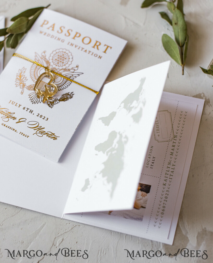 WEDDING INVITATIONS passport to love/ beach wedding invites White Gold Passport Wedding Invitation, Golden Plane Wedding Cards Boarding Pass, Olive green Travel Passport Wedding Invitations Abroad, Destination Wedding Invites