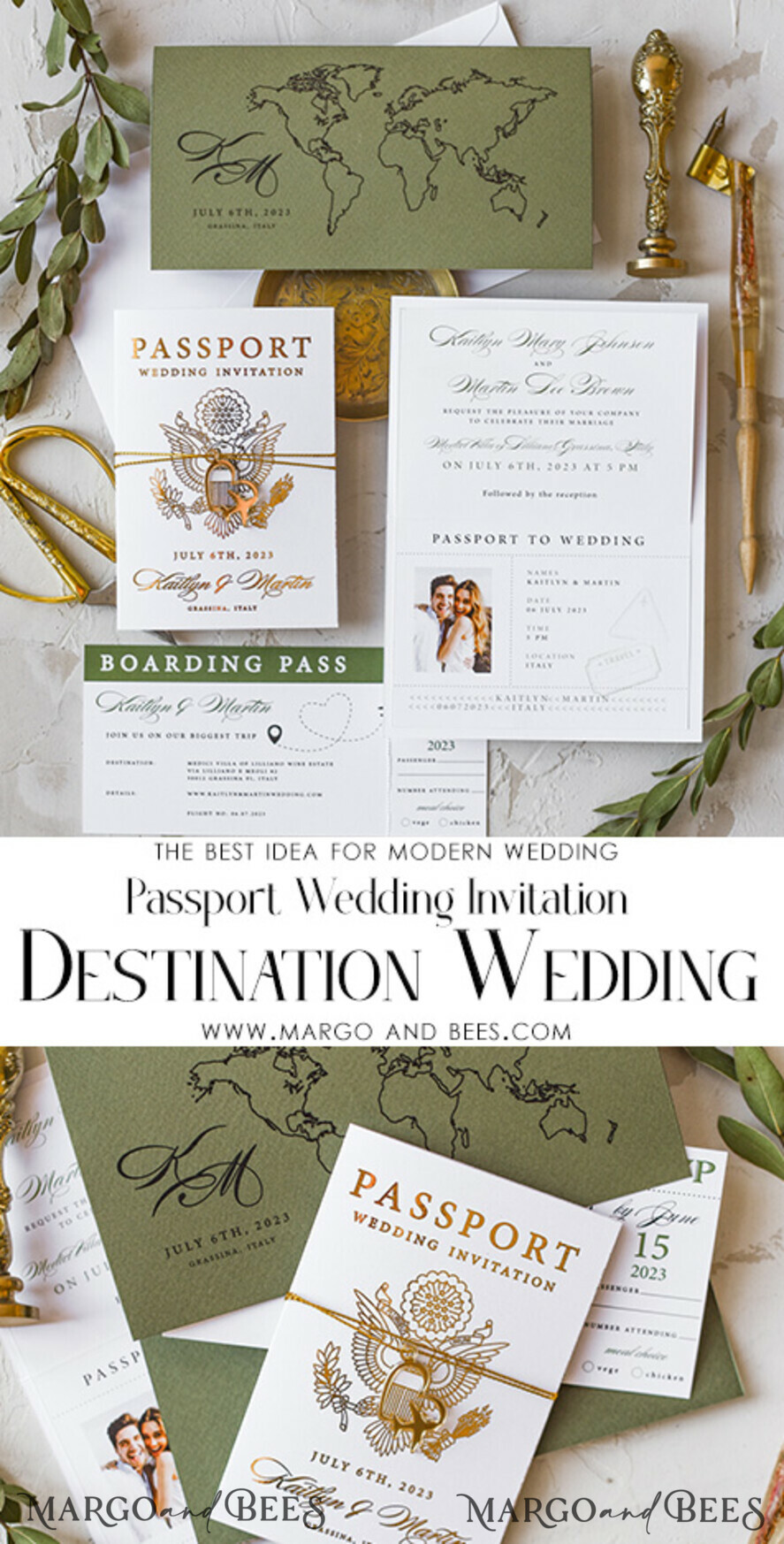 WEDDING INVITATIONS passport to love/ beach wedding invites White Gold Passport Wedding Invitation, Golden Plane Wedding Cards Boarding Pass, Olive green Travel Passport Wedding Invitations Abroad, Destination Wedding Invites