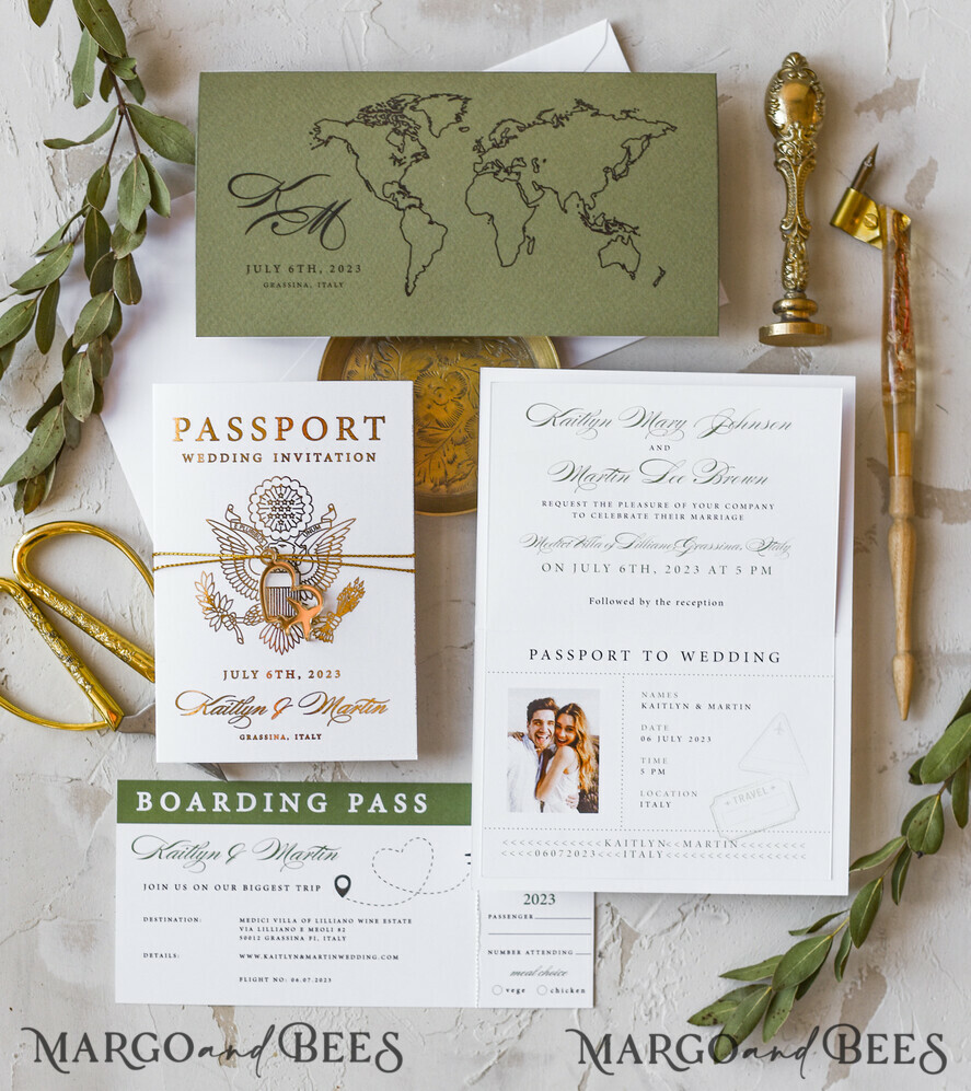 WEDDING INVITATIONS passport to love/ beach wedding invites White Gold Passport Wedding Invitation, Golden Plane Wedding Cards Boarding Pass, Olive green Travel Passport Wedding Invitations Abroad, Destination Wedding Invites