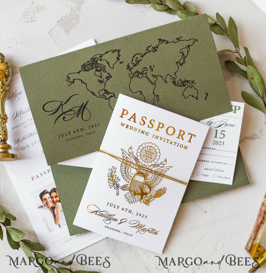 WEDDING INVITATIONS passport to love/ beach wedding invites White Gold Passport Wedding Invitation, Golden Plane Wedding Cards Boarding Pass, Olive green Travel Passport Wedding Invitations Abroad, Destination Wedding Invites