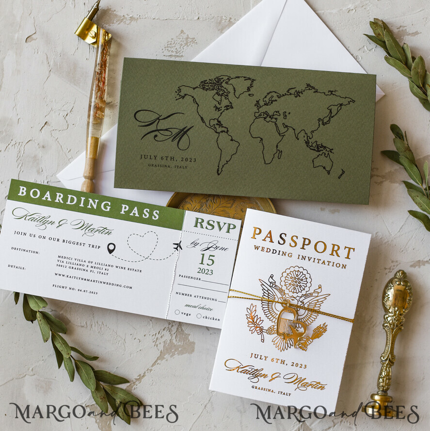 WEDDING INVITATIONS passport to love/ beach wedding invites White Gold Passport Wedding Invitation, Golden Plane Wedding Cards Boarding Pass, Olive green Travel Passport Wedding Invitations Abroad, Destination Wedding Invites