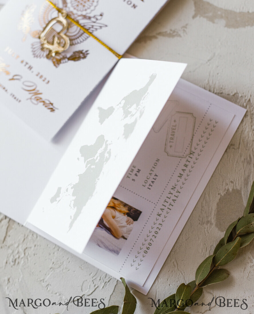 WEDDING INVITATIONS passport to love/ beach wedding invites White Gold Passport Wedding Invitation, Golden Plane Wedding Cards Boarding Pass, Olive green Travel Passport Wedding Invitations Abroad, Destination Wedding Invites