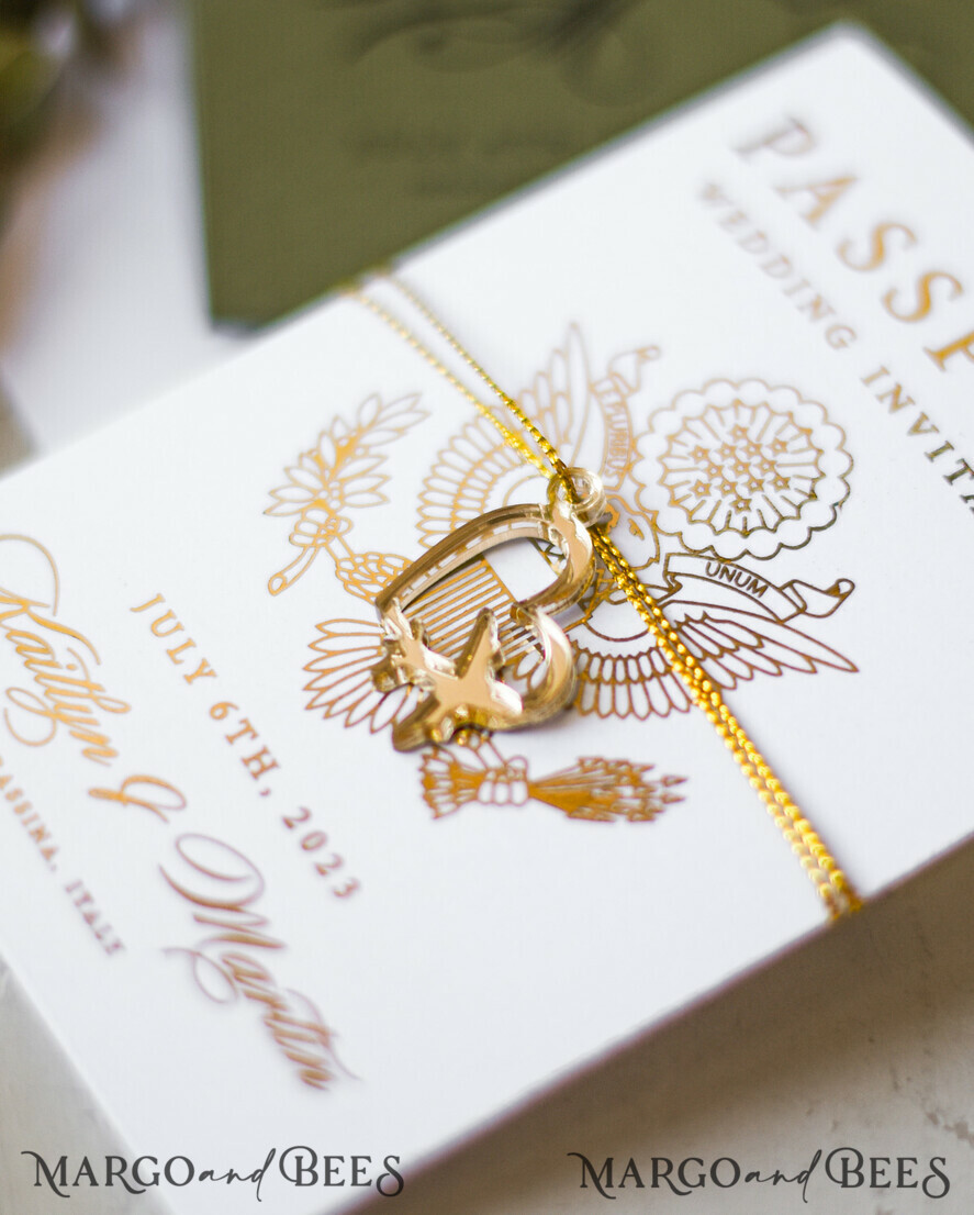 WEDDING INVITATIONS passport to love/ beach wedding invites White Gold Passport Wedding Invitation, Golden Plane Wedding Cards Boarding Pass, Olive green Travel Passport Wedding Invitations Abroad, Destination Wedding Invites
