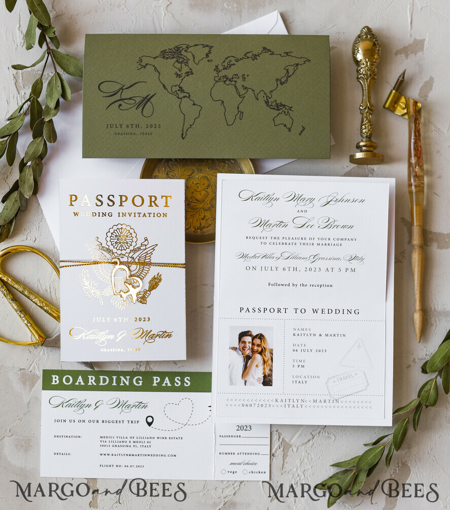 WEDDING INVITATIONS passport to love/ beach wedding invites White Gold Passport Wedding Invitation, Golden Plane Wedding Cards Boarding Pass, Olive green Travel Passport Wedding Invitations Abroad, Destination Wedding Invites