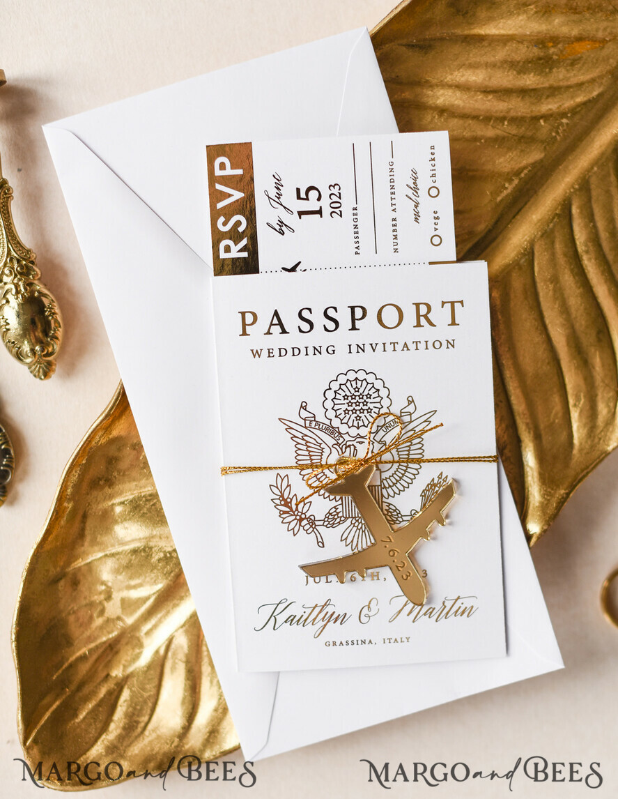 WEDDING INVITATIONS passport to love/ beach wedding invites White Gold Passport Wedding Invitation, Golden Plane Wedding Cards Boarding Pass, Travel Passport Wedding Invitations Abroad, Destination Wedding Invites, Travel Map Wedding Stationary