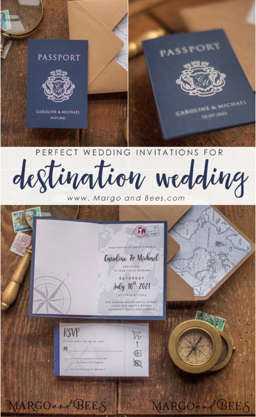 WEDDING INVITATIONS beach / destination / seashells Passport Wedding invitations suite travel Wedding Invites air ticket wedding Cards