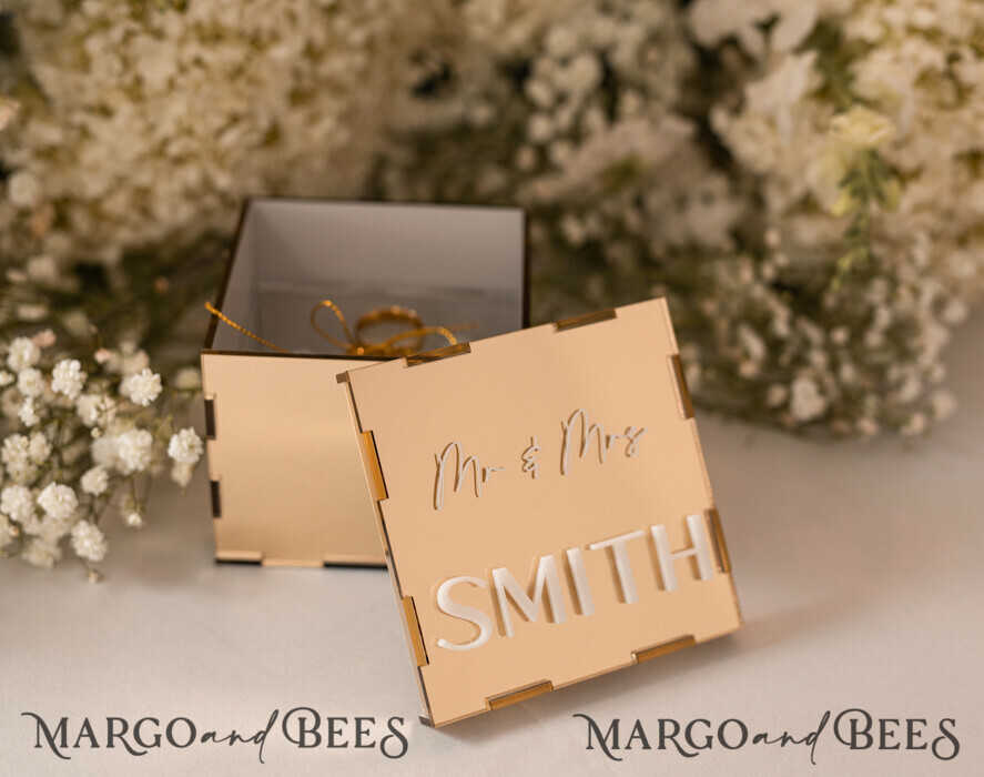 RING BEARER BOXES & PILLOWS Clear Gold Acrylic Ring Box Ring Box for Wedding Ceremony 3 rings, mirror Acrylic Golden Wedding Ring Box for ceremony, Boho Glam Wedding Ring Boxes, Luxury Acrylic Gold Ring box double Custom Colors
