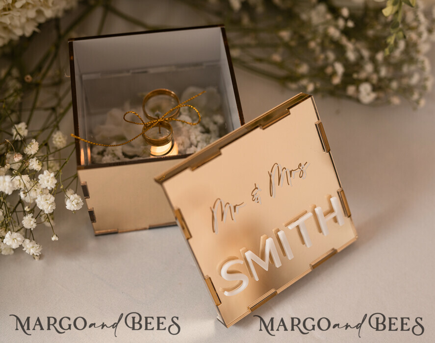RING BEARER BOXES & PILLOWS Clear Gold Acrylic Ring Box Ring Box for Wedding Ceremony 3 rings, mirror Acrylic Golden Wedding Ring Box for ceremony, Boho Glam Wedding Ring Boxes, Luxury Acrylic Gold Ring box double Custom Colors
