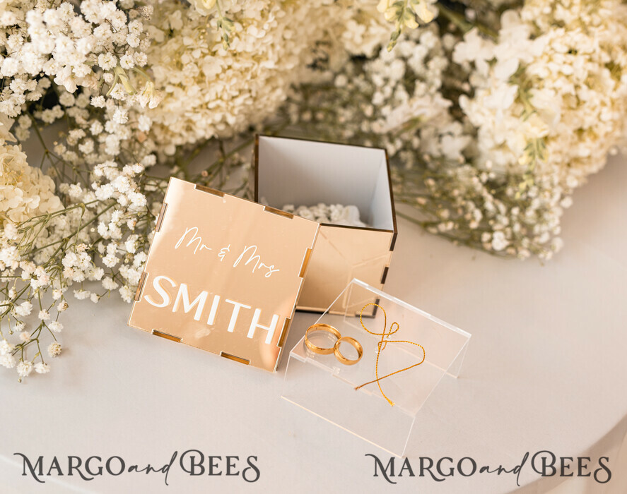 RING BEARER BOXES & PILLOWS Clear Gold Acrylic Ring Box Ring Box for Wedding Ceremony 3 rings, mirror Acrylic Golden Wedding Ring Box for ceremony, Boho Glam Wedding Ring Boxes, Luxury Acrylic Gold Ring box double Custom Colors