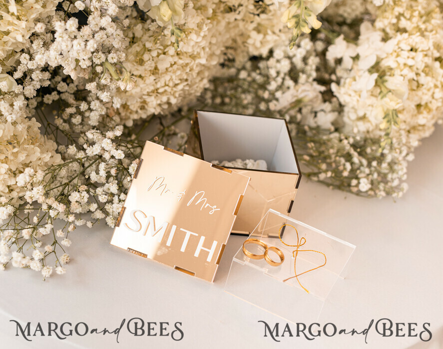 RING BEARER BOXES & PILLOWS Clear Gold Acrylic Ring Box Ring Box for Wedding Ceremony 3 rings, mirror Acrylic Golden Wedding Ring Box for ceremony, Boho Glam Wedding Ring Boxes, Luxury Acrylic Gold Ring box double Custom Colors