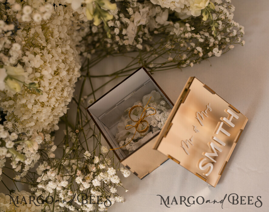 RING BEARER BOXES & PILLOWS Clear Gold Acrylic Ring Box Ring Box for Wedding Ceremony 3 rings, mirror Acrylic Golden Wedding Ring Box for ceremony, Boho Glam Wedding Ring Boxes, Luxury Acrylic Gold Ring box double Custom Colors