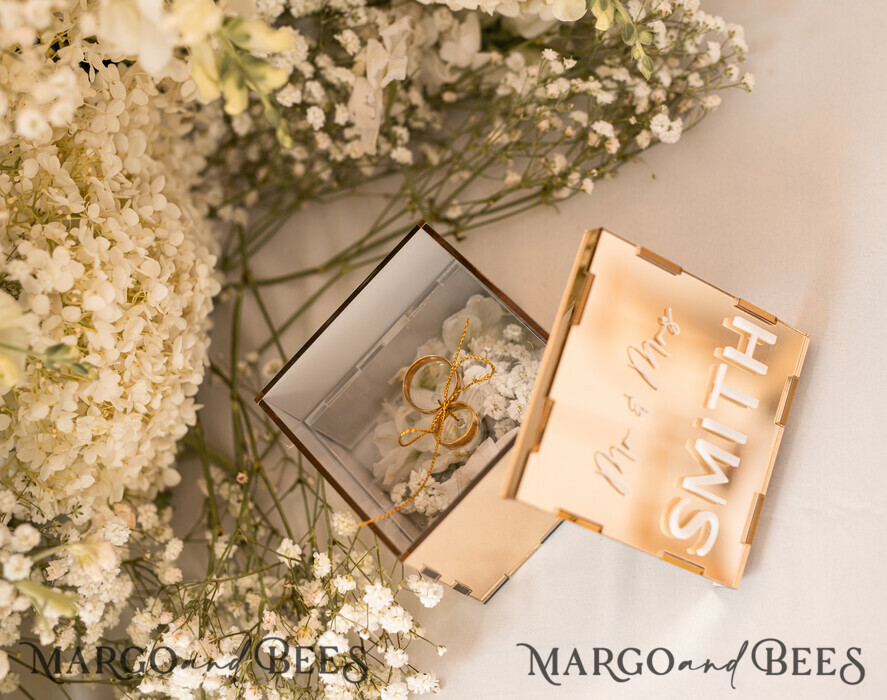 RING BEARER BOXES & PILLOWS Clear Gold Acrylic Ring Box Ring Box for Wedding Ceremony 3 rings, mirror Acrylic Golden Wedding Ring Box for ceremony, Boho Glam Wedding Ring Boxes, Luxury Acrylic Gold Ring box double Custom Colors