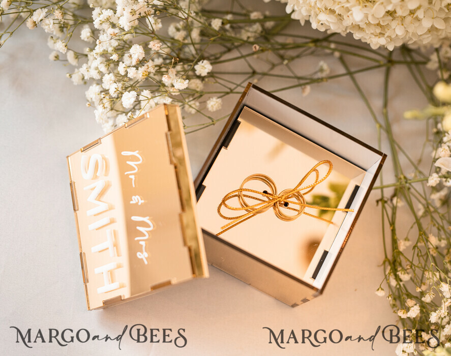 RING BEARER BOXES & PILLOWS Clear Gold Acrylic Ring Box Ring Box for Wedding Ceremony 3 rings, mirror Acrylic Golden Wedding Ring Box for ceremony, Boho Glam Wedding Ring Boxes, Luxury Acrylic Gold Ring box double Custom Colors