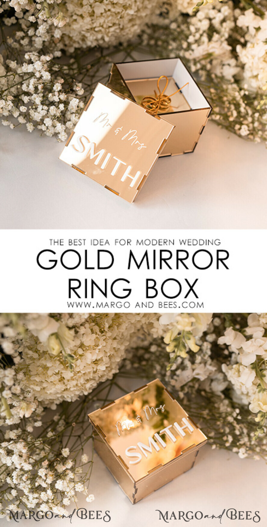 RING BEARER BOXES & PILLOWS Clear Gold Acrylic Ring Box Ring Box for Wedding Ceremony 3 rings, mirror Acrylic Golden Wedding Ring Box for ceremony, Boho Glam Wedding Ring Boxes, Luxury Acrylic Gold Ring box double Custom Colors