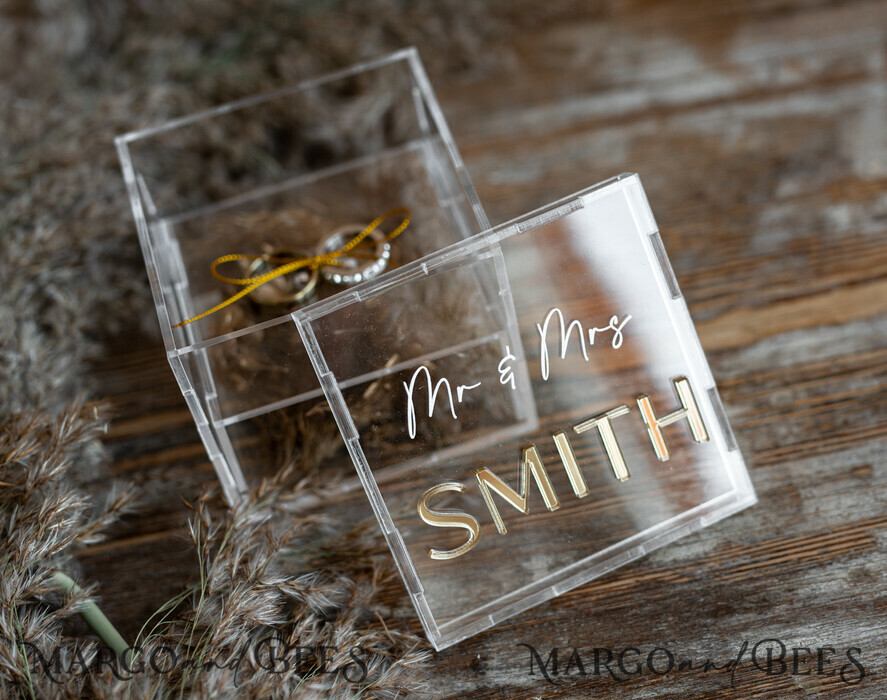 RING BEARER BOXES & PILLOWS Clear Gold Acrylic Ring Box Ring Box for Wedding Ceremony 3 rings, Clear Acrylic Golden Wedding Ring Box for ceremony, Boho Glam Wedding Ring Boxes, Luxury Acrylic Gold Ring box double Custom Colors