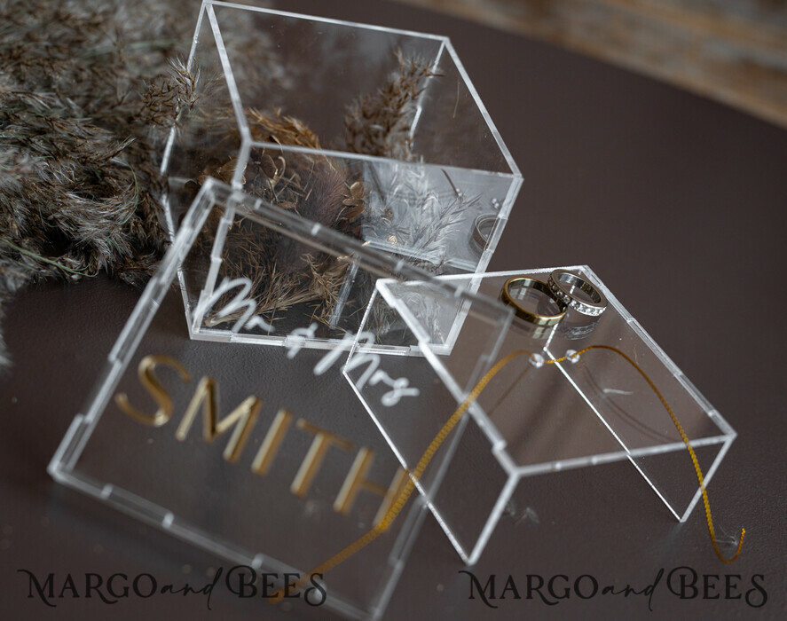 RING BEARER BOXES & PILLOWS Clear Gold Acrylic Ring Box Ring Box for Wedding Ceremony 3 rings, Clear Acrylic Golden Wedding Ring Box for ceremony, Boho Glam Wedding Ring Boxes, Luxury Acrylic Gold Ring box double Custom Colors