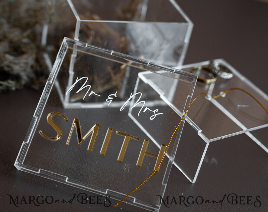 RING BEARER BOXES & PILLOWS Clear Gold Acrylic Ring Box Ring Box for Wedding Ceremony 3 rings, Clear Acrylic Golden Wedding Ring Box for ceremony, Boho Glam Wedding Ring Boxes, Luxury Acrylic Gold Ring box double Custom Colors