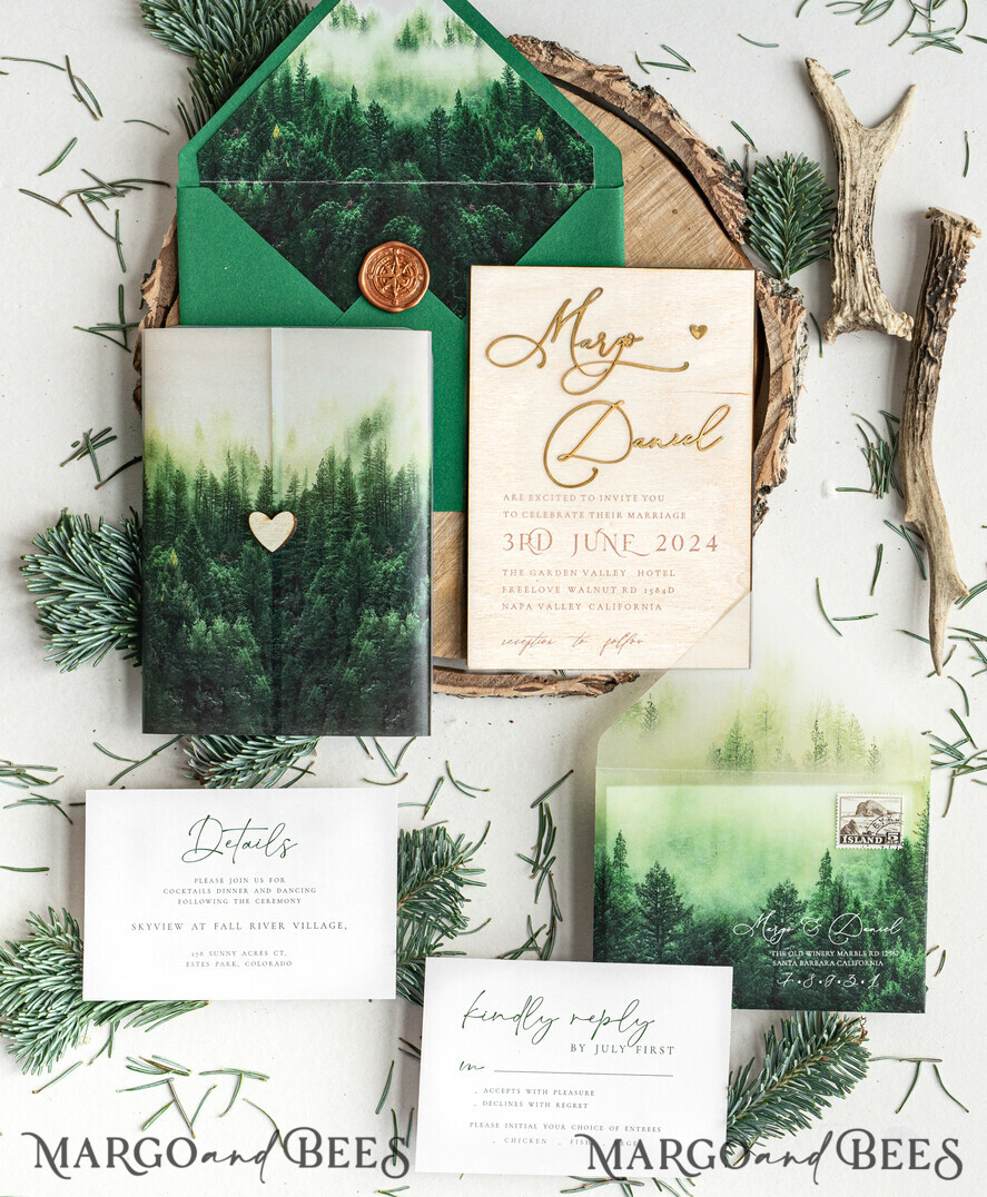 WEDDING INVITATIONS forest / Mountains / woodland theme Forest Wood Wedding Invitation Suite, Modern Rustic Wedding Invites, Natural Wooden Invitations Suite Wedding Cards, Green Wedding Invitations, Misty Forest Frosted wedding Invitation suite, Pine trees Wedding Invite