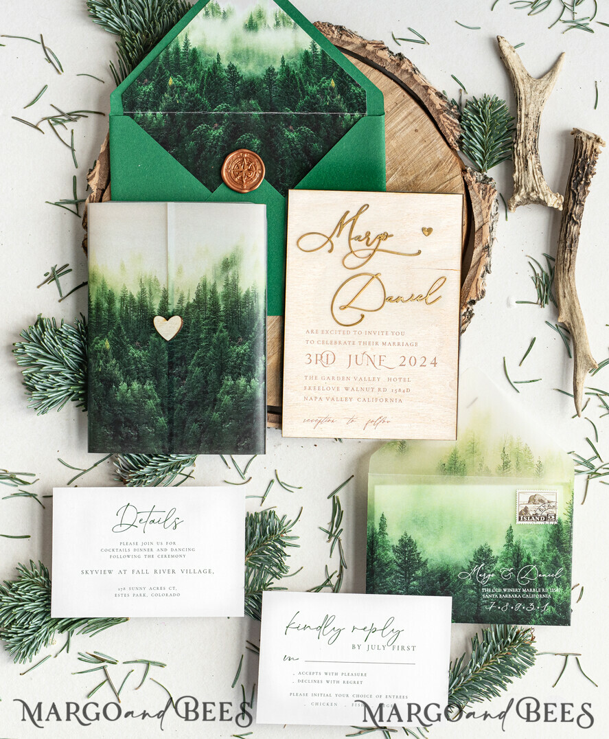 WEDDING INVITATIONS forest / Mountains / woodland theme Forest Wood Wedding Invitation Suite, Modern Rustic Wedding Invites, Natural Wooden Invitations Suite Wedding Cards, Green Wedding Invitations, Misty Forest Frosted wedding Invitation suite, Pine trees Wedding Invite