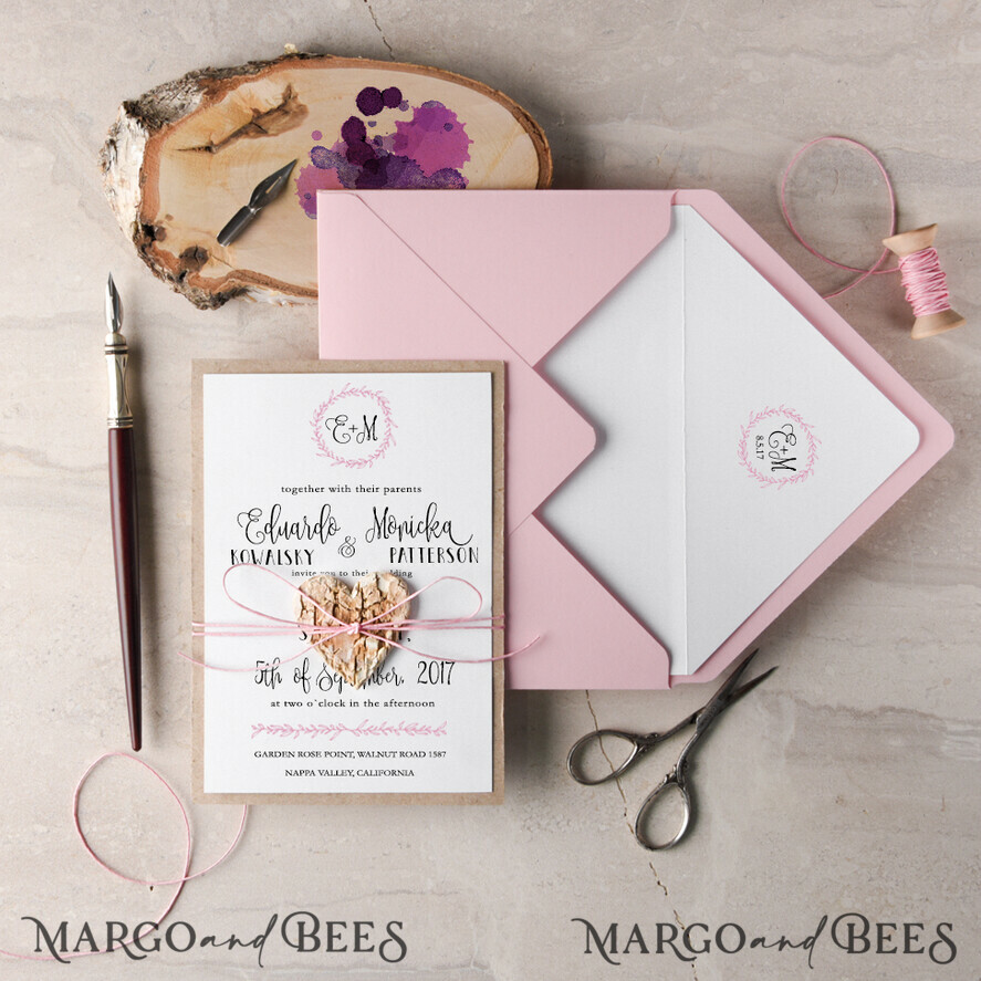 WEDDING INVITATIONS Elegant Invites Classic Cards Elegant Wedding Invitations Floral Wreath Personalized Invitations Petal Pink Paper Wooden Heart Invites with Monogram Envelope Liner