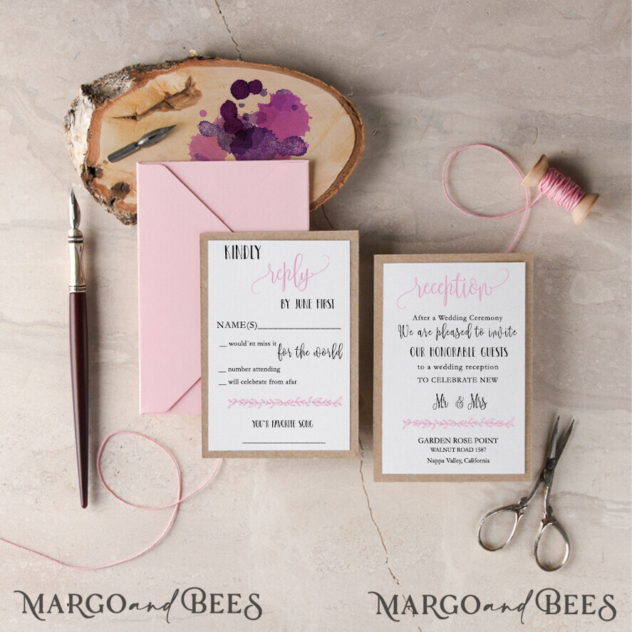 WEDDING INVITATIONS Elegant Invites Classic Cards Elegant Wedding Invitations Floral Wreath Personalized Invitations Petal Pink Paper Wooden Heart Invites with Monogram Envelope Liner
