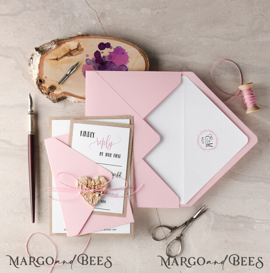 WEDDING INVITATIONS Elegant Invites Classic Cards Elegant Wedding Invitations Floral Wreath Personalized Invitations Petal Pink Paper Wooden Heart Invites with Monogram Envelope Liner
